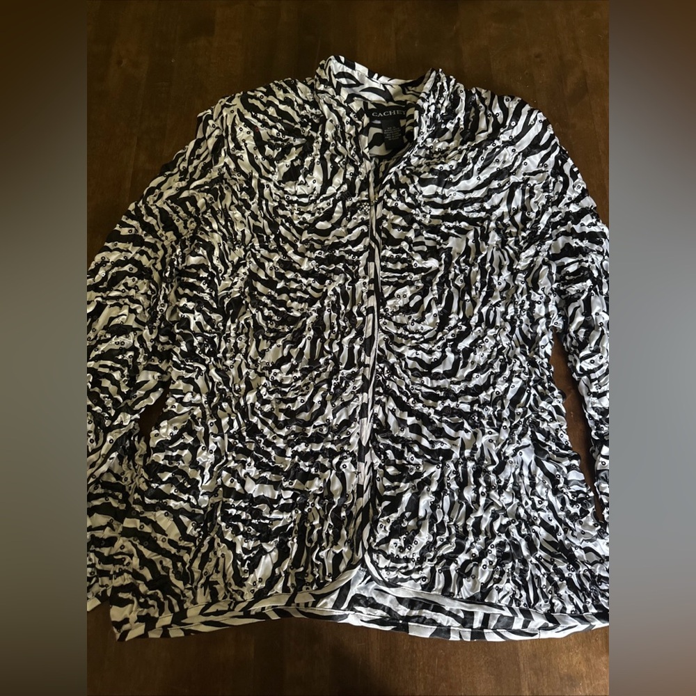 Cachet‎ Blazer Jacket Blouse XL Stretch Fabric Black White Animal Print Stripe